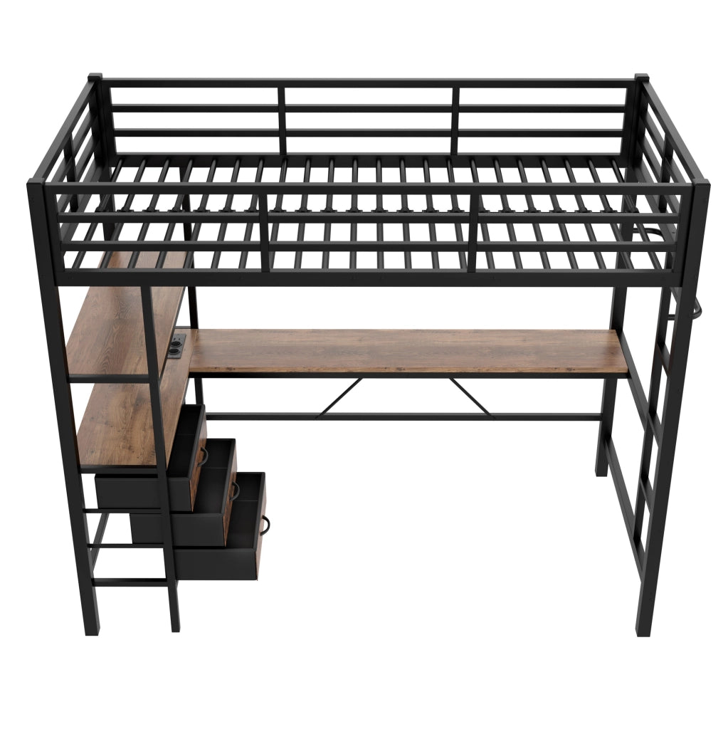 Letto a soppalco 90x200 cm con scrivania, LED, 3 cassetti, prese USB e sicurezza, colore nero