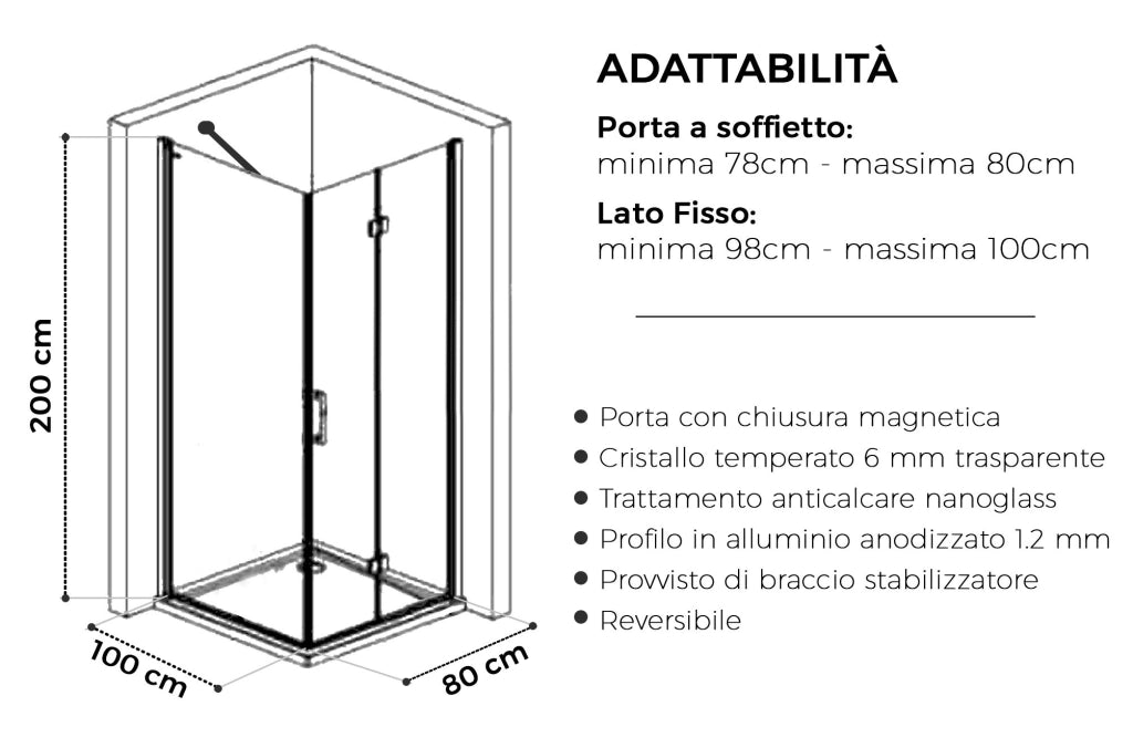 Box doccia Angolare 100x80 cm porta a soffietto + fisso H200 cm cristallo 6 mm profilo SATINATO ZAIRA