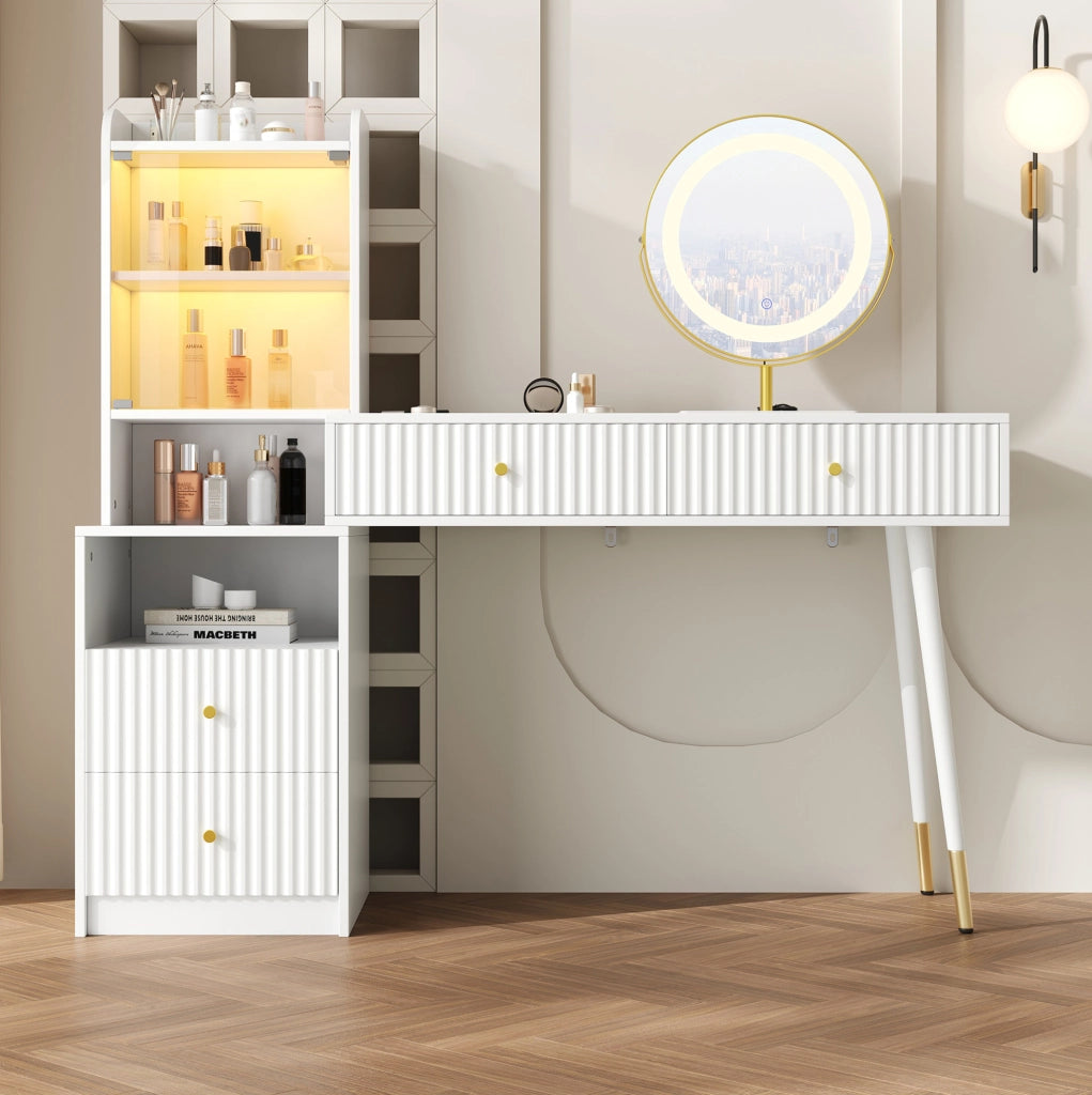 Toeletta trucco 100x40x125 cm con specchio LED e 4 cassetti bianca HOMVRA