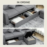 Divano 3 Posti Modulare con Pouf Contenitore in Velluto a Coste, 196x139x85 cm, Grigio Chiaro