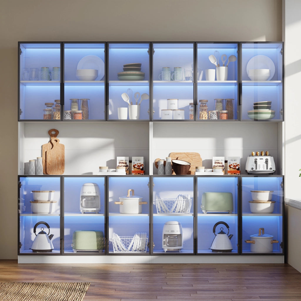VETRINA ALTA 240x34x200 cm in MDF e vetro bianco con LED, 12 ante