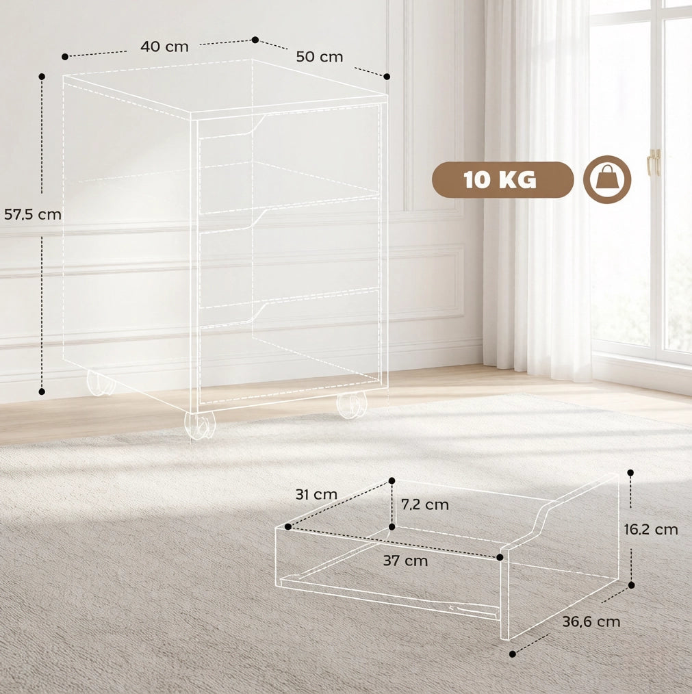 Mobile Contenitore a Rotelle in MDF e Metallo, 40x50x57,5 cm, Bianco e Quercia