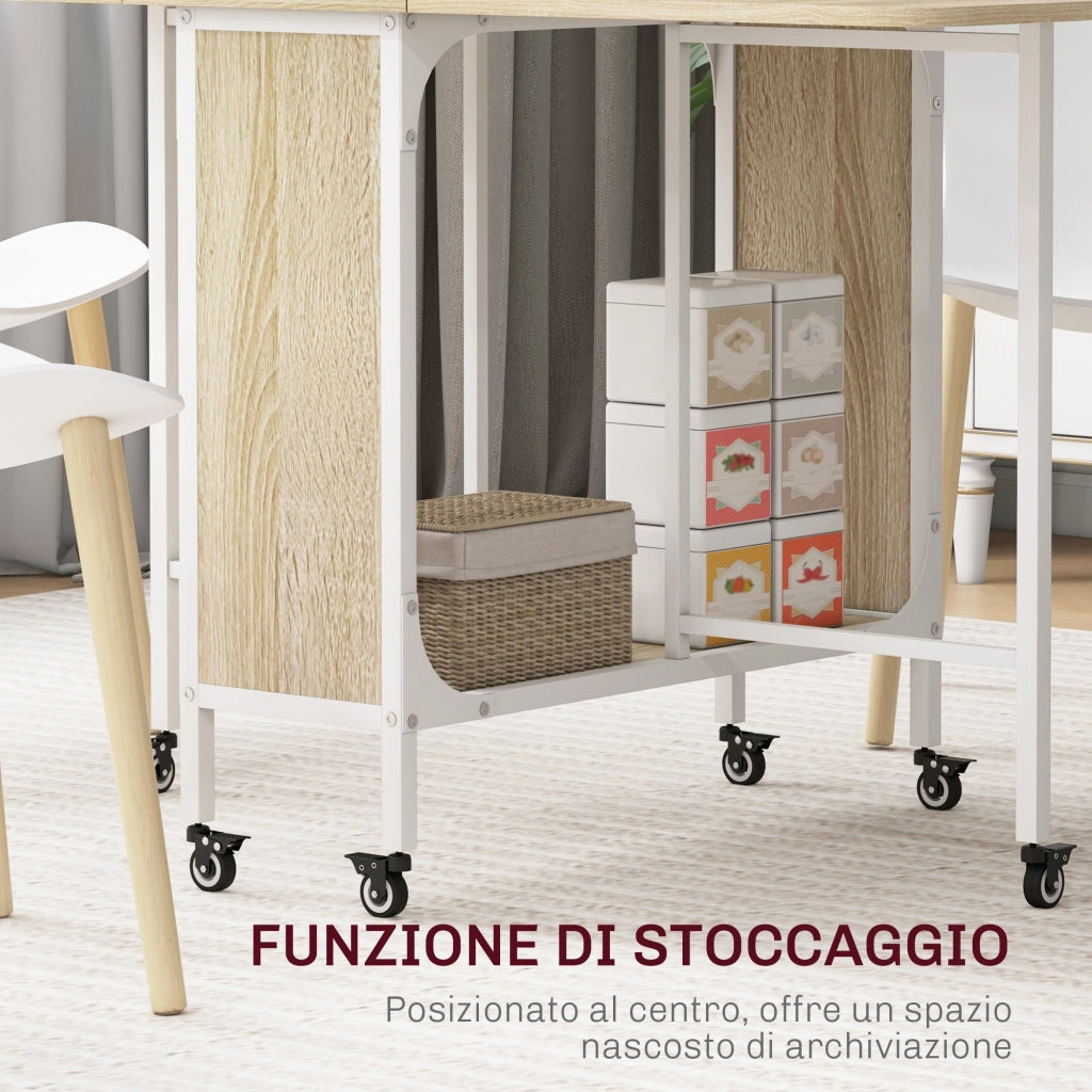 Tavolo Salvaspazio Pieghevole a 2 Ribalte per 6 Persone 130x80x74 cm Bianco e color Legno