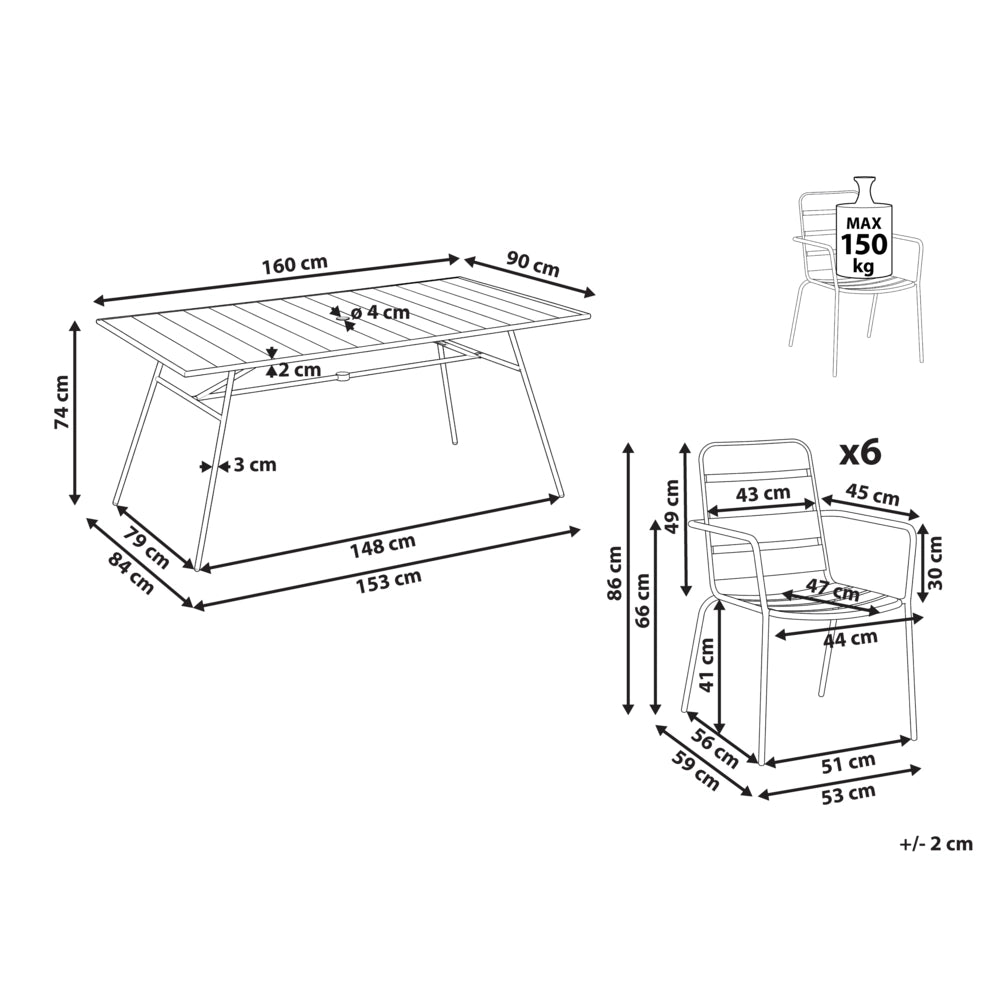 Set da pranzo da giardino per 6 persone con tavolo in ferro con foro centrale e sedie zincate e verniciate a polvere, colore verde menta