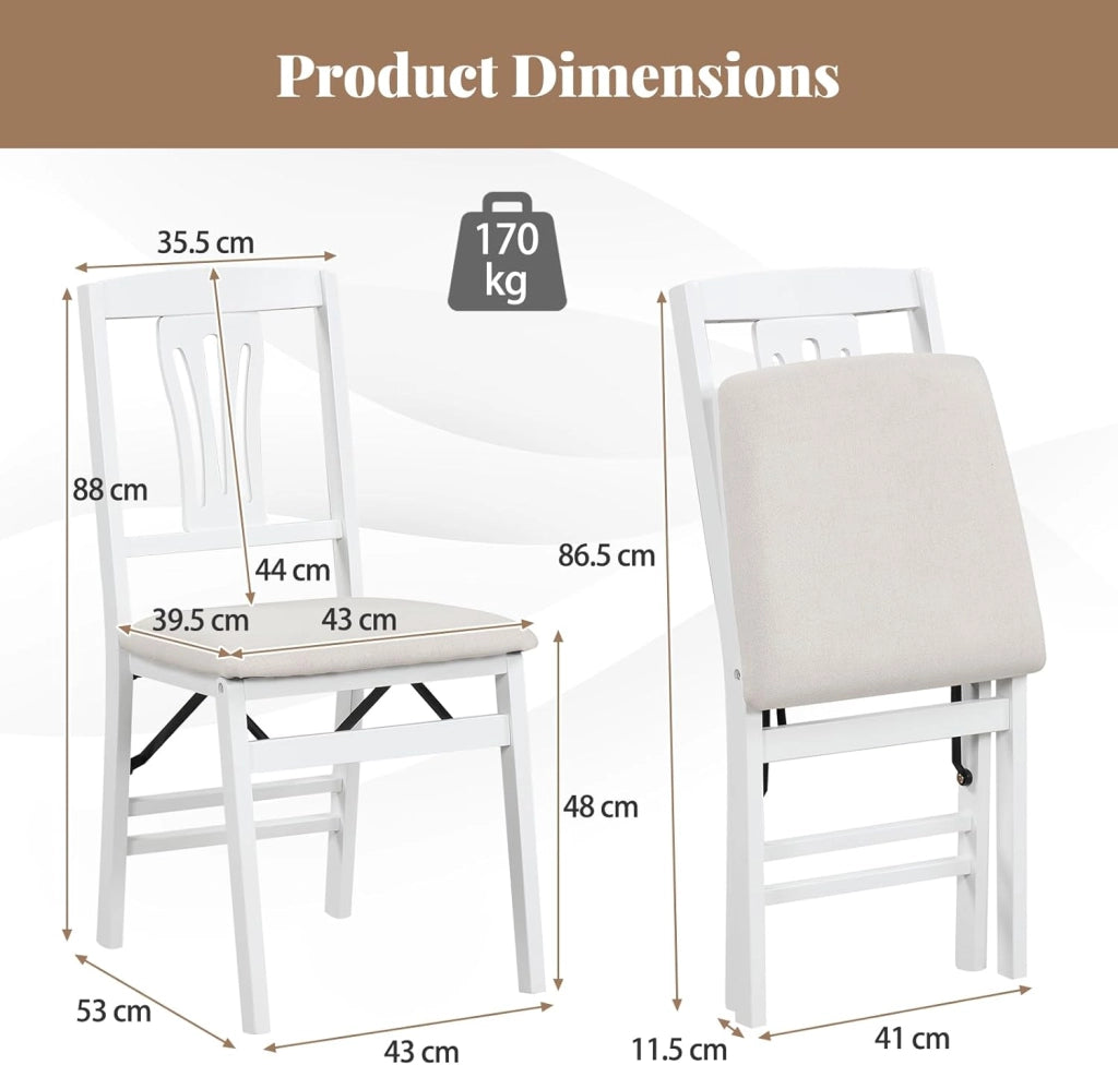 Set di 2 sedie da pranzo pieghevoli, sedia da cucina con seduta imbottita e struttura in legno di gomma, portata fino a 170 kg, 43,5 x 53 x 87 cm, salvaspazio (bianco)
