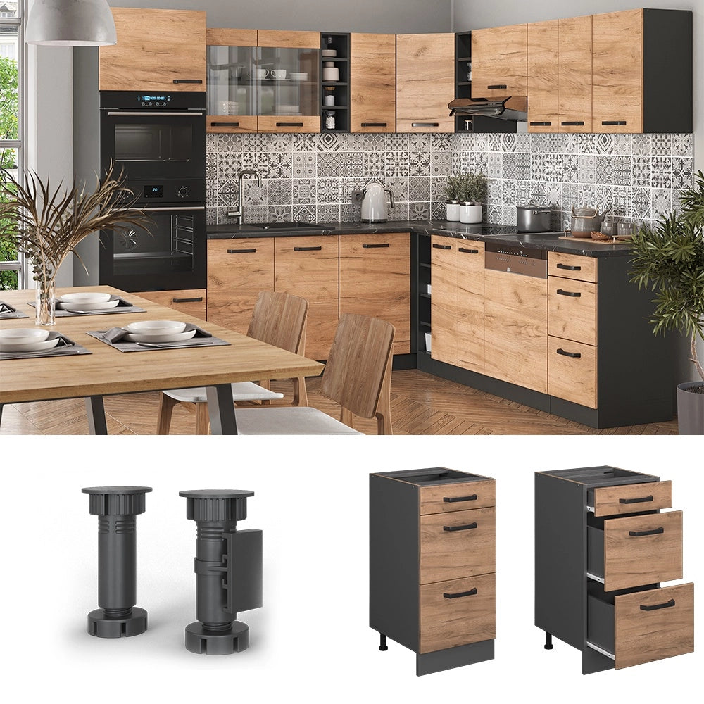 Mobiletto base per cucina R-Line Rovere dorato/Antracite 40 cm con cassetti, senza piano di lavoro Vicco