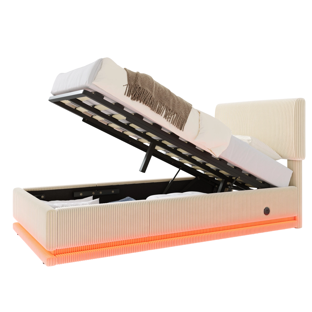 Letto imbottito 90x200 cm con LED; USB-C; testiera regolabile in corduroy beige