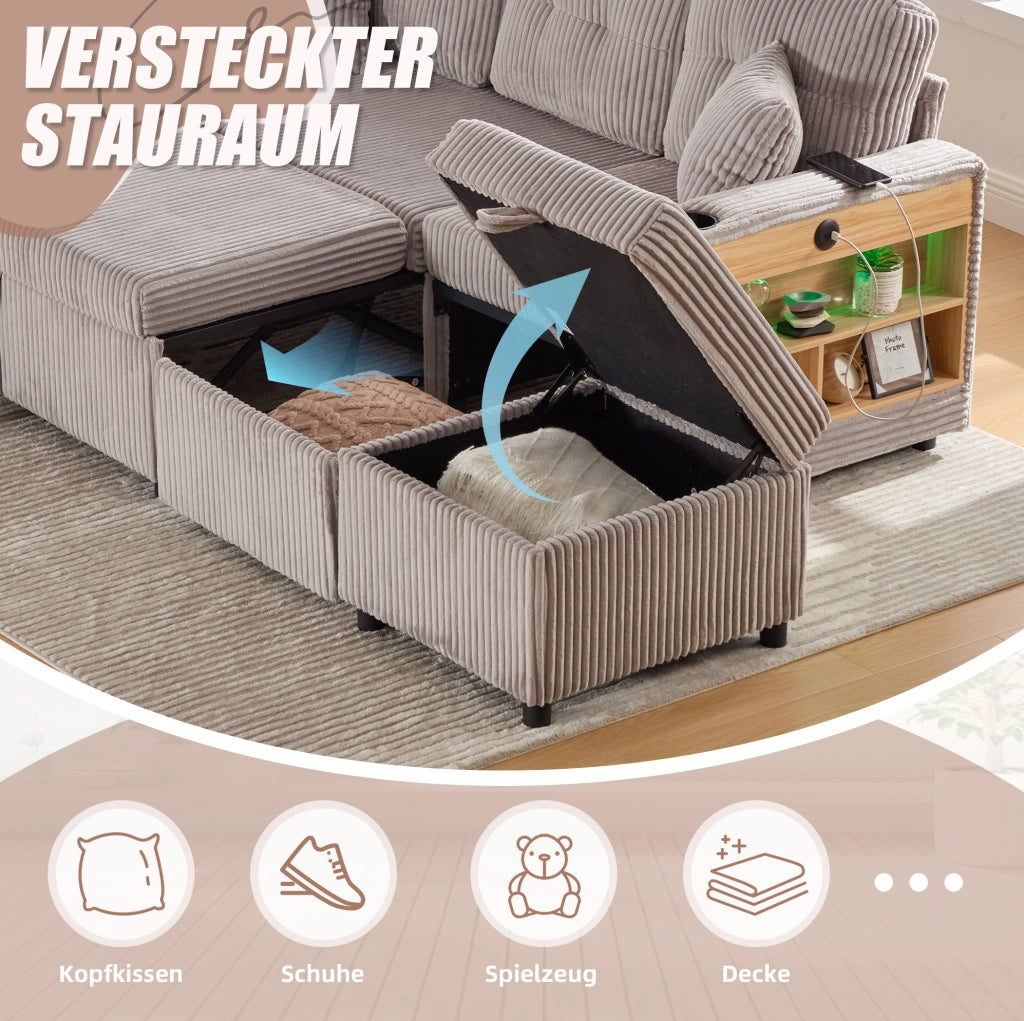 Divano letto in velluto a coste grigio chiaro con LED e USB-C