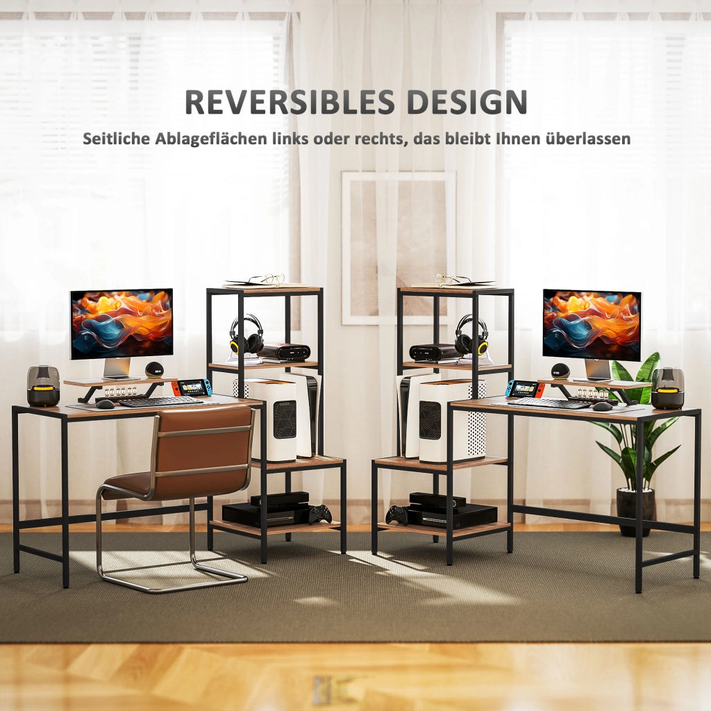 SCRIVANIA PC 150x48x125 cm Marrone con ripiano monitor e 4 ripiani reversibili