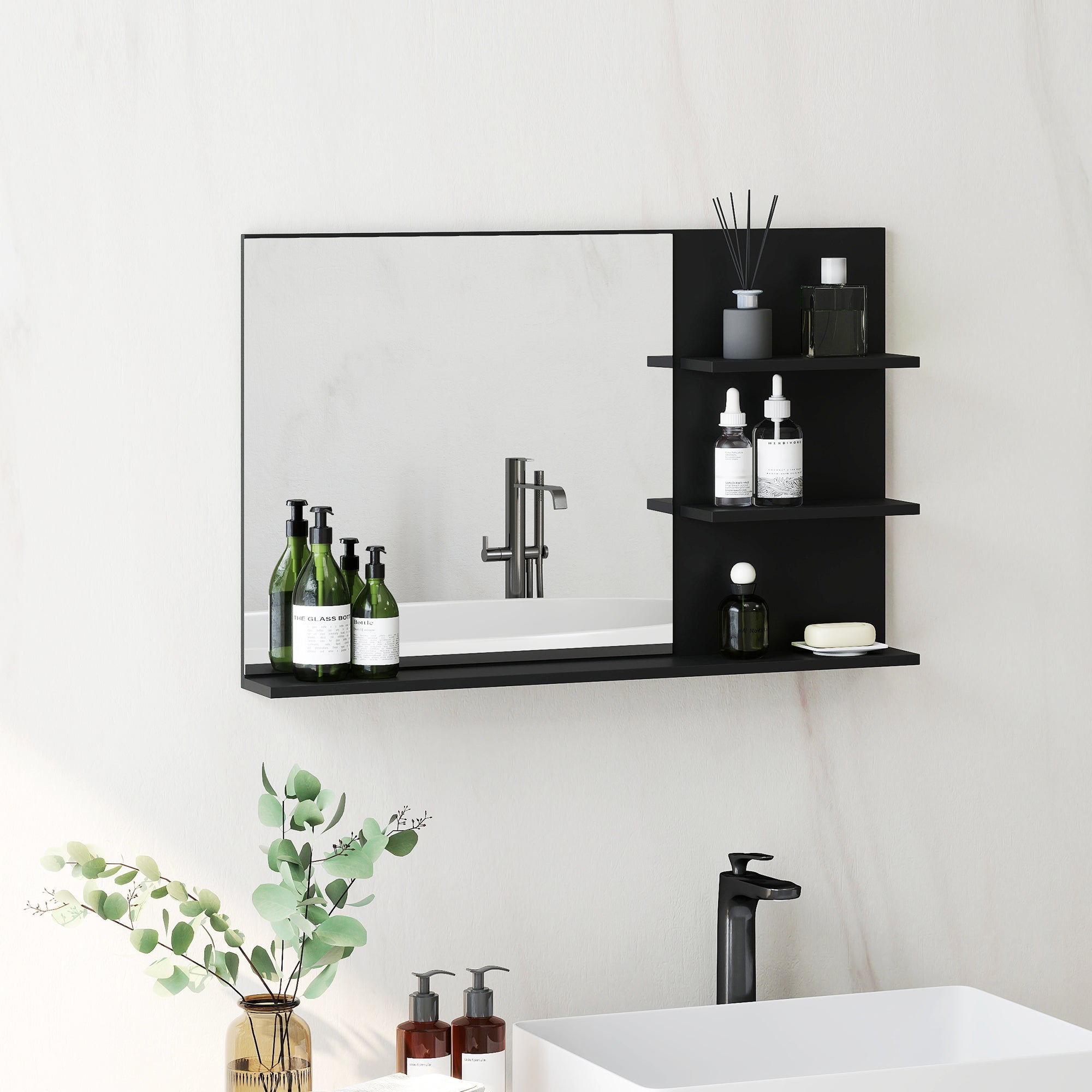 Specchio Bagno da Parete 75x10x48 cm con Mensole in Legno e Vetro Nero