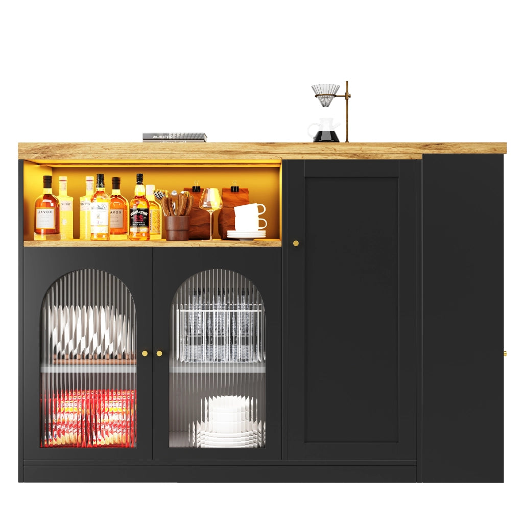 Mobile Bar con Piano Girevole a 360°; Anta in Vetro e LED; Vani Aperti e Chiusi; Cucina