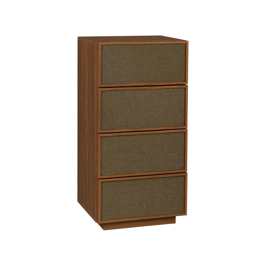 Cassettiera decorata in legno e tessuto 4 cassetti, noce