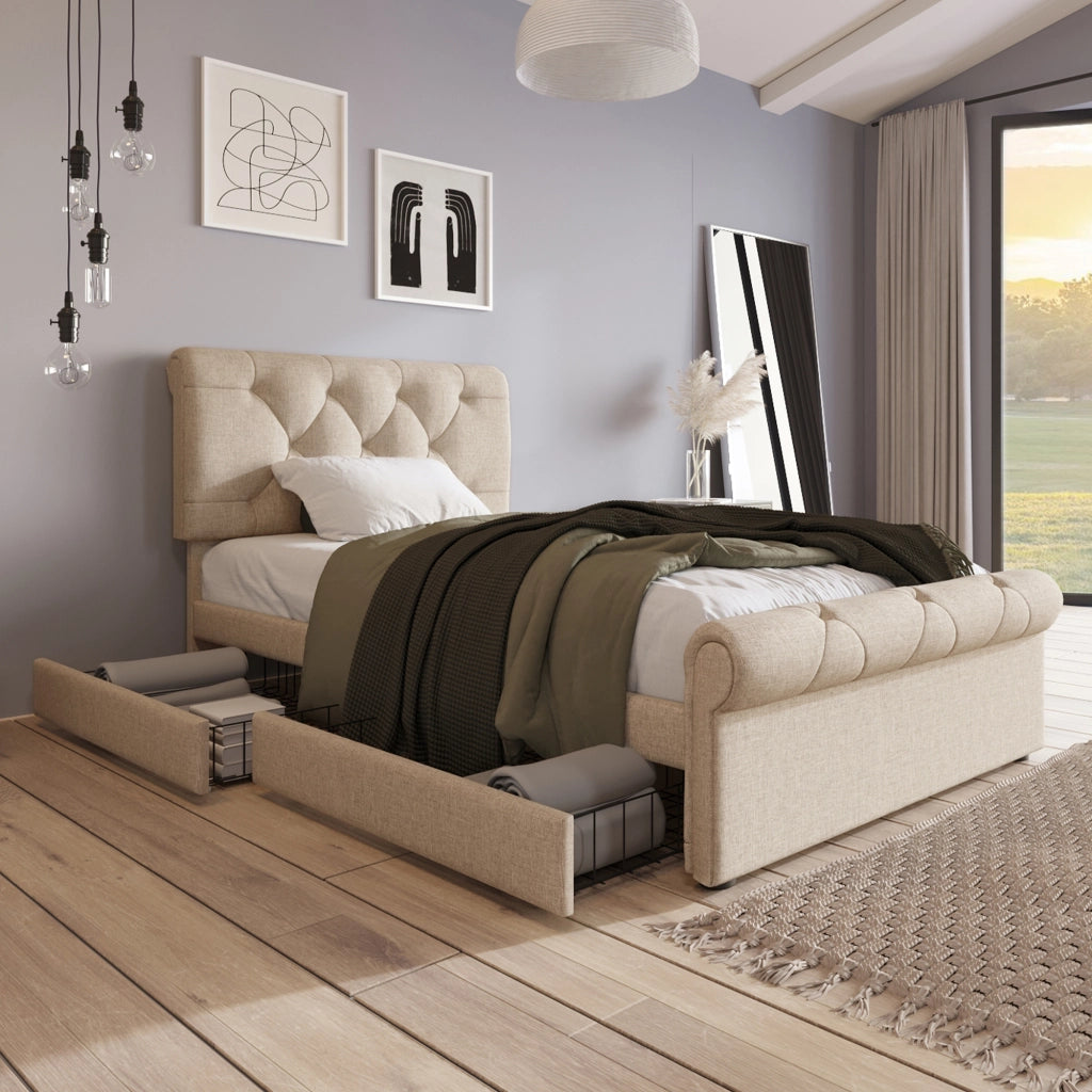 OKWISH Letto con Cassetti 90×200 cm, Letto Singolo con 2 Cassetti, Testiera Regolabile e Imbottitura, senza Materasso, Naturale