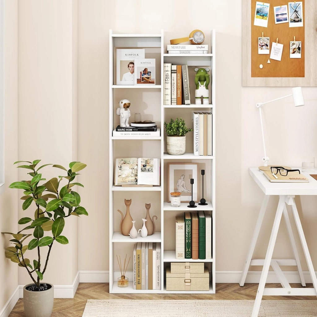 Libreria da Parete a 6 Ripiani con 10 Scomparti e 2 Mensole, Libreria Verticale a Forma di Albero con 2 Dispositivi Anti-Ribaltamento, Scaffale per Soggiorno, 65 x 20 x 162 cm (Bianco)