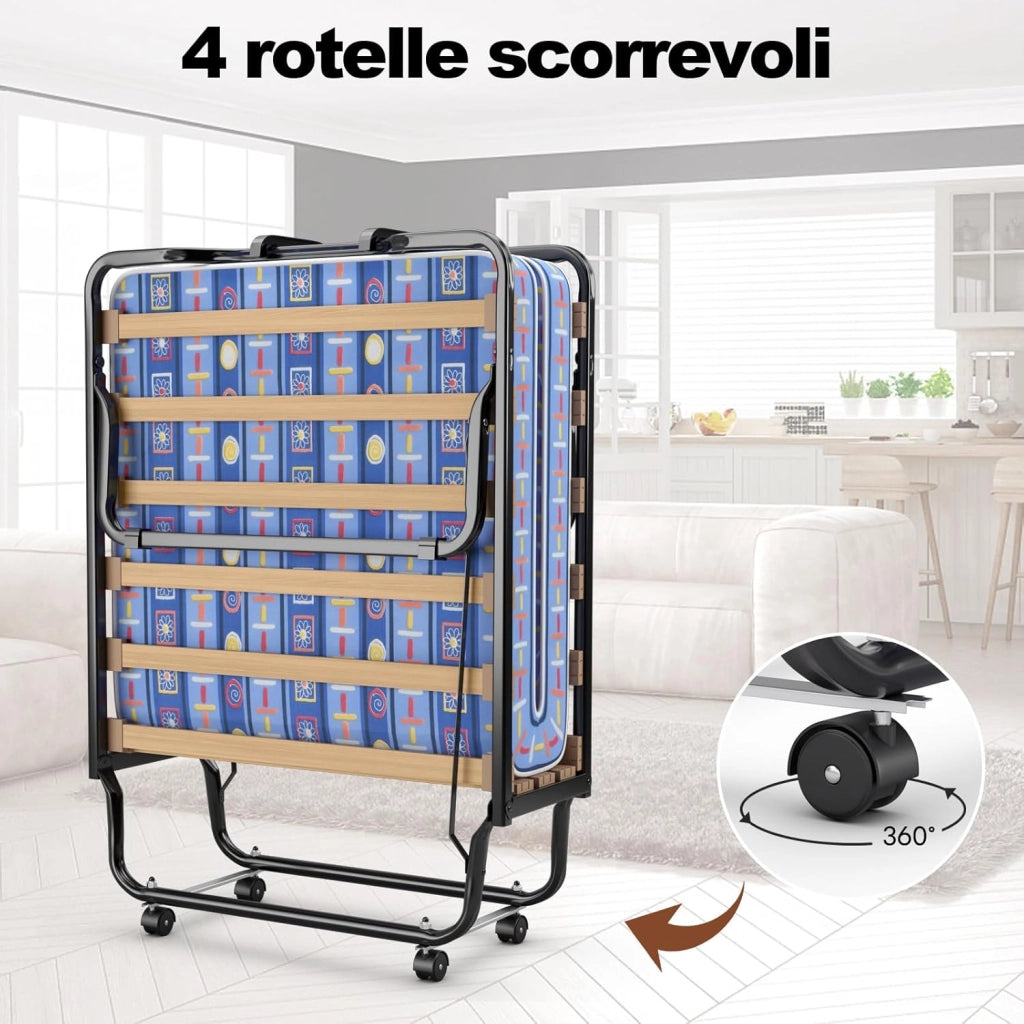 Letto Brandina Pieghevole, con Materasso in Memory Foam, Struttura Resistente e 4 Ruote Girevoli, Lettino Pieghevole, 200 x 80 x 40cm, Made in Italy (Blu)