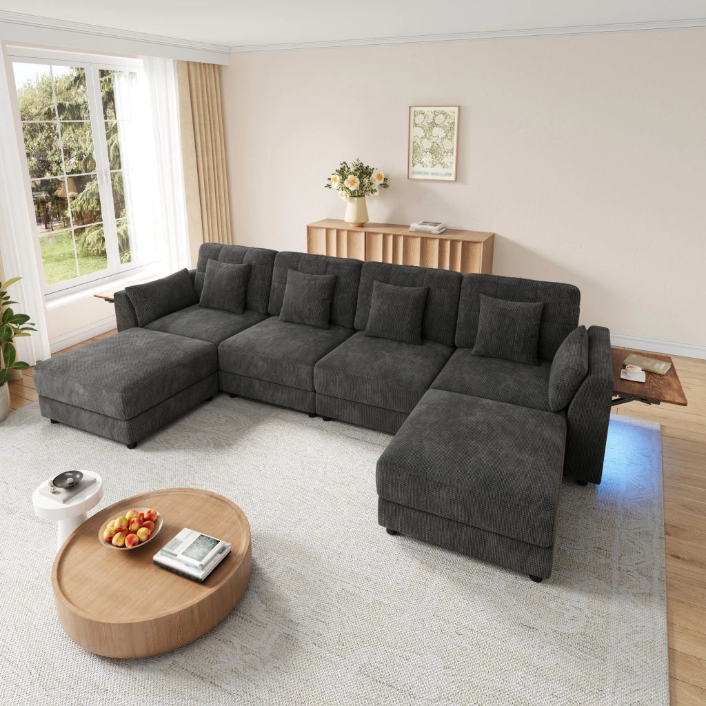SOFA Modulare U/L 292x135x82 cm Chenille Grigio con 2 pouf e 6 cuscini