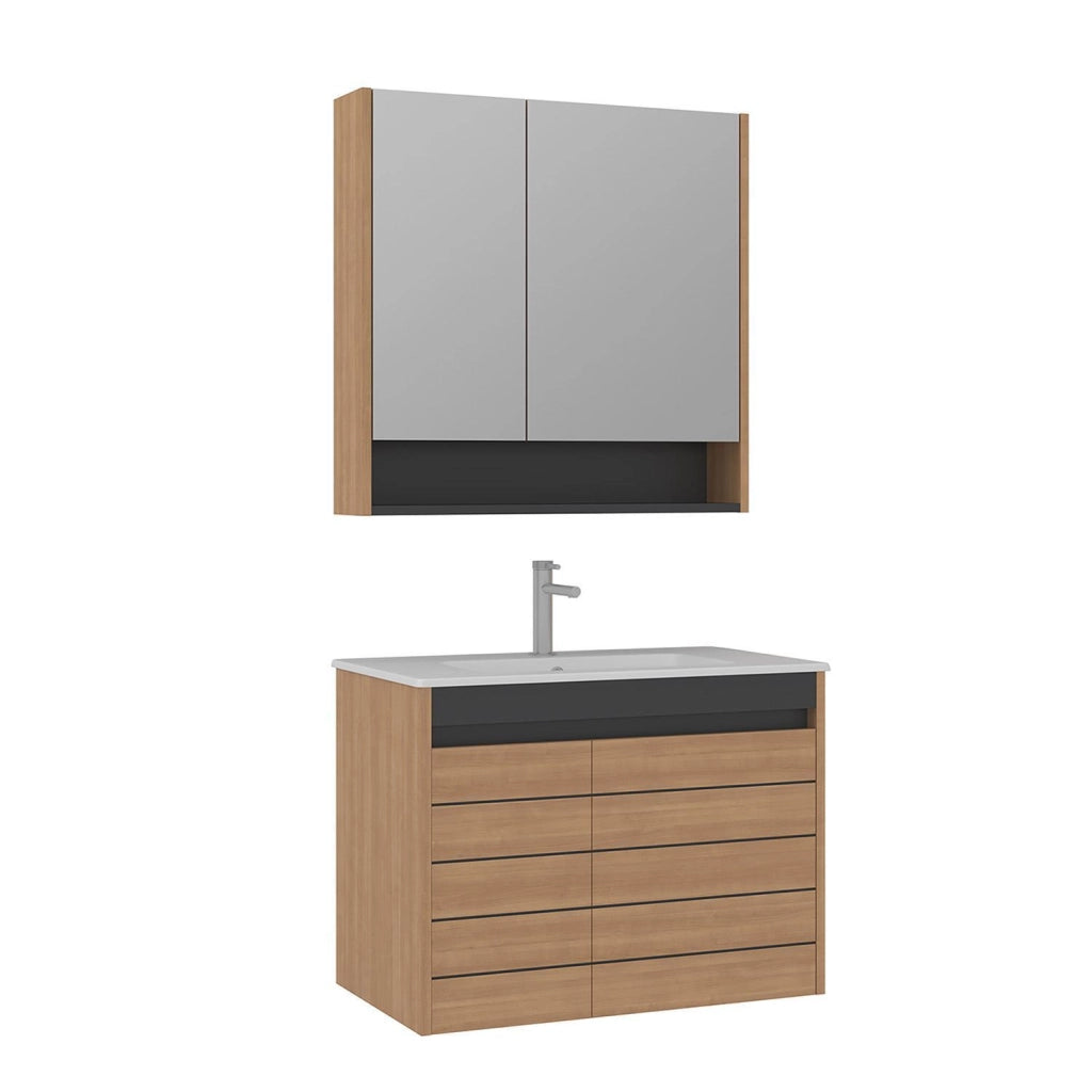 Set mobile lavabo con specchio (2 pezzi) "Ricato 80" - 81 x 47 x 62 cm - Rovere