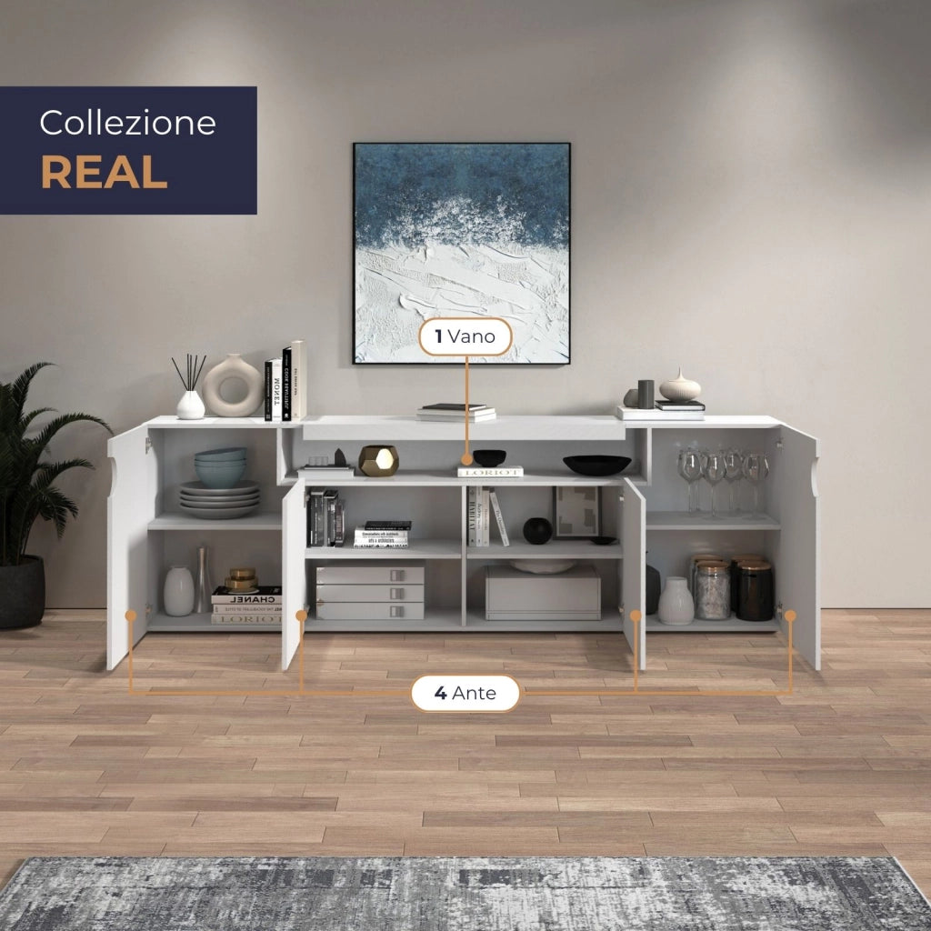 WHOUS Credenza Real con 4 ante e 1 vano aperto bianco lucido 200x40x80 cm