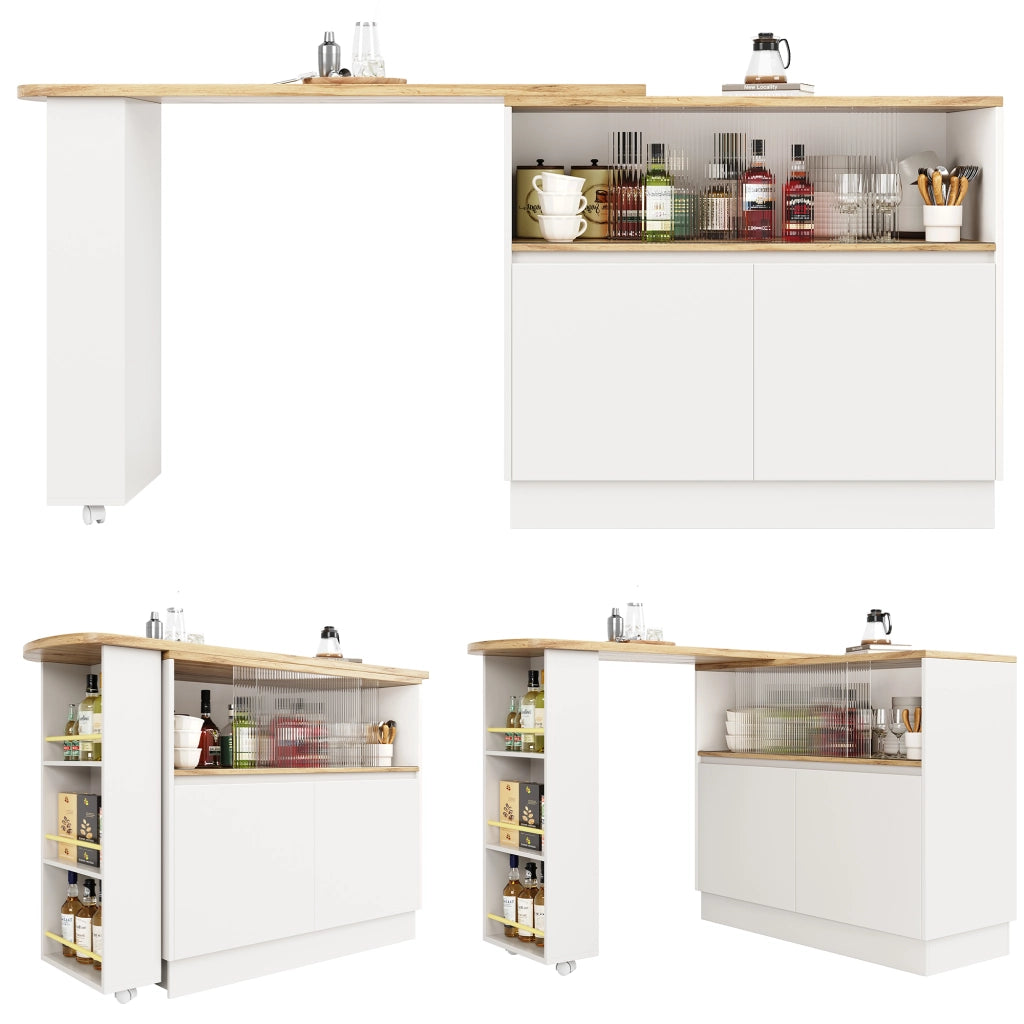 Carrello da cucina girevole con ripiani e anta scorrevole in vetro; mobile bar multifunzione in MDF bianco