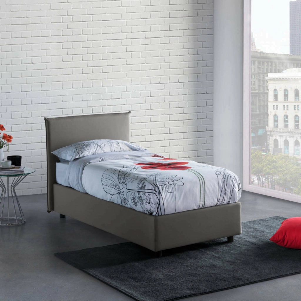 Letto singolo Argentino, Letto contenitore con rivestimento in tessuto, Made in Italy, Apertura frontale, adatto per materasso cm 80x190, Grigio