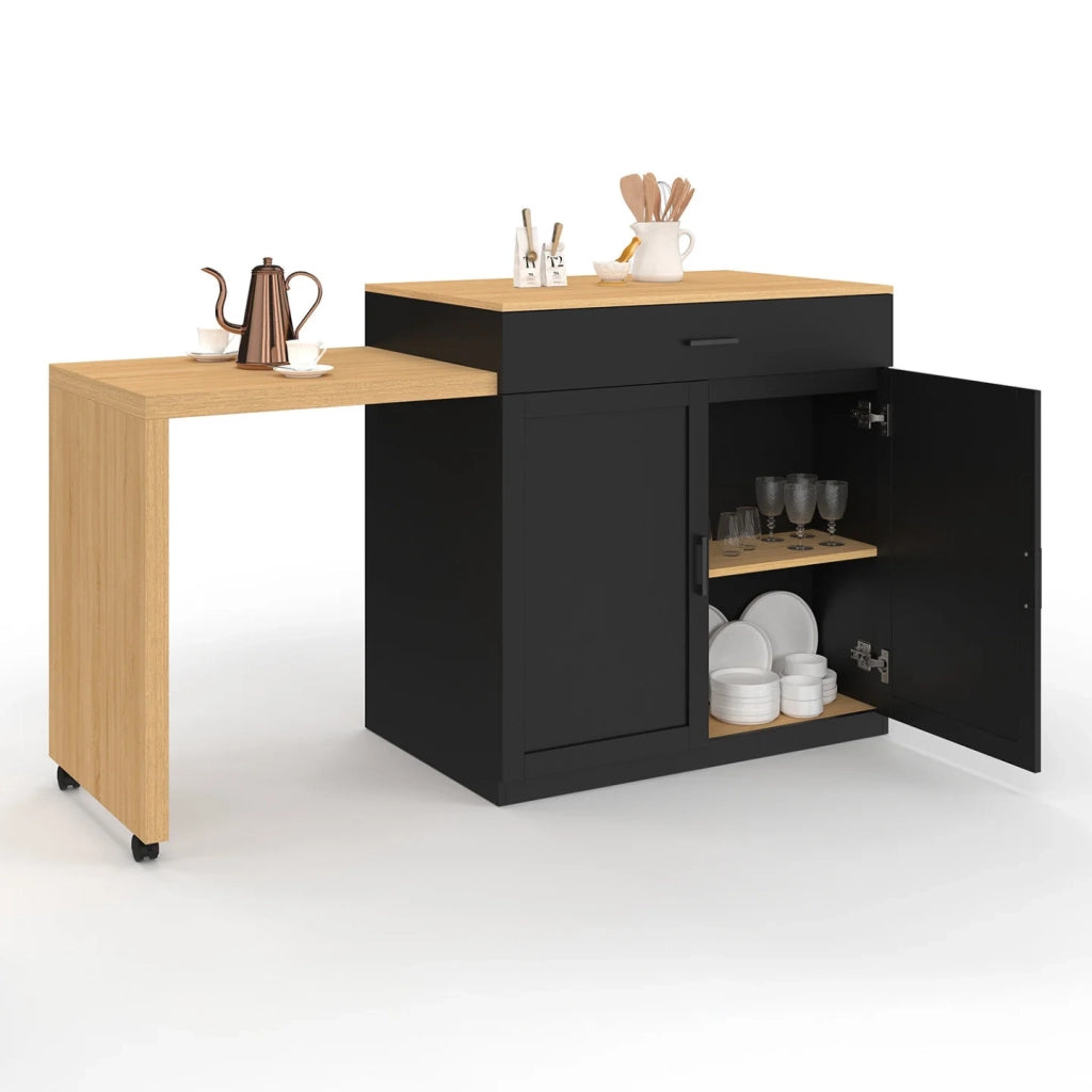 IDMarket - Isola centrale VITO 94-155 cm in legno nero con tavolo da pranzo integrato allungabile in finitura faggio