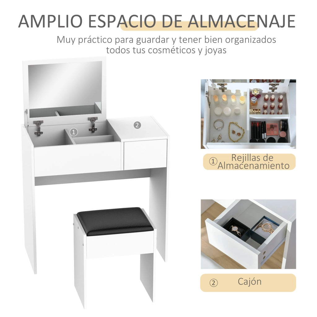 Cassettiera da trucco con specchio e sgabello ¨C zephmum ¨C bianco 80x40x79 cm