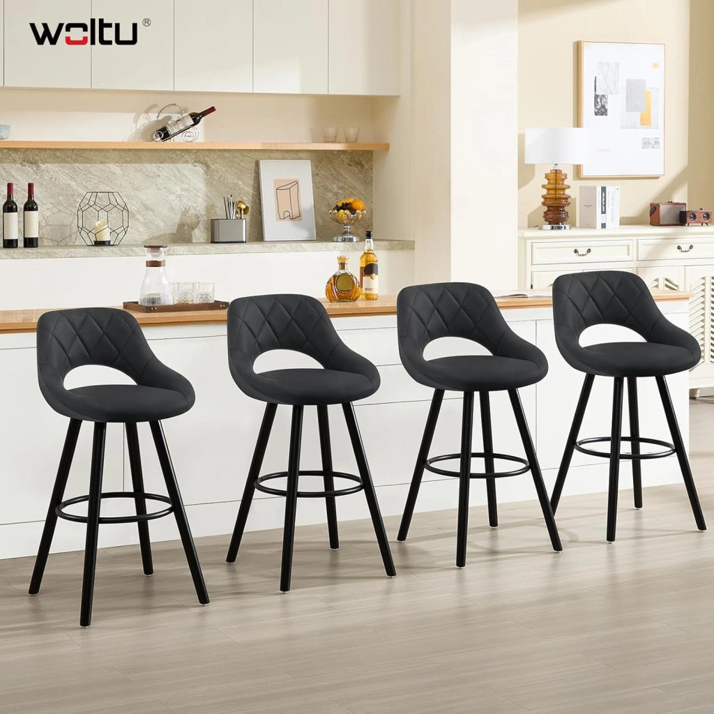 Sgabelli da Cucina Set di 4, Sgabello da Bar per Colazione, Sgabelli Alti con Poggiapiedi e Schienale, Sedile in Tessuto Tecnico+Gambe in Legno, Antracite, BH291an-4