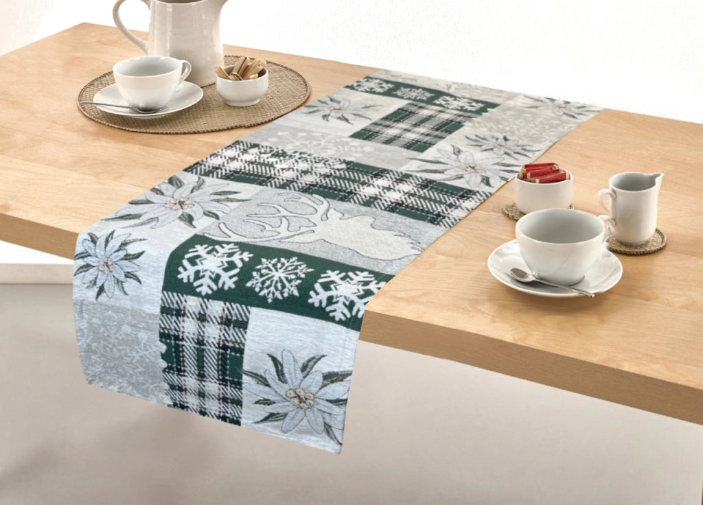 Tovaglia Centrino Runner Tavola Fantasia Edelweiss Cervo Made Italy - 40x130 - Verde