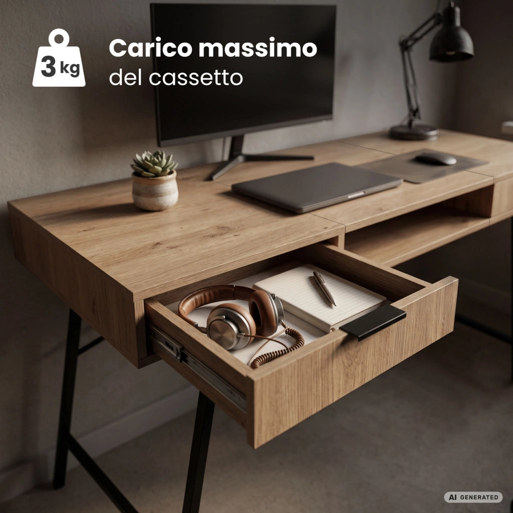 Scrivania industriale per computer Rovere Artisan ARDEN 120 cm 2 cassetti 1 ripiano gambe nere