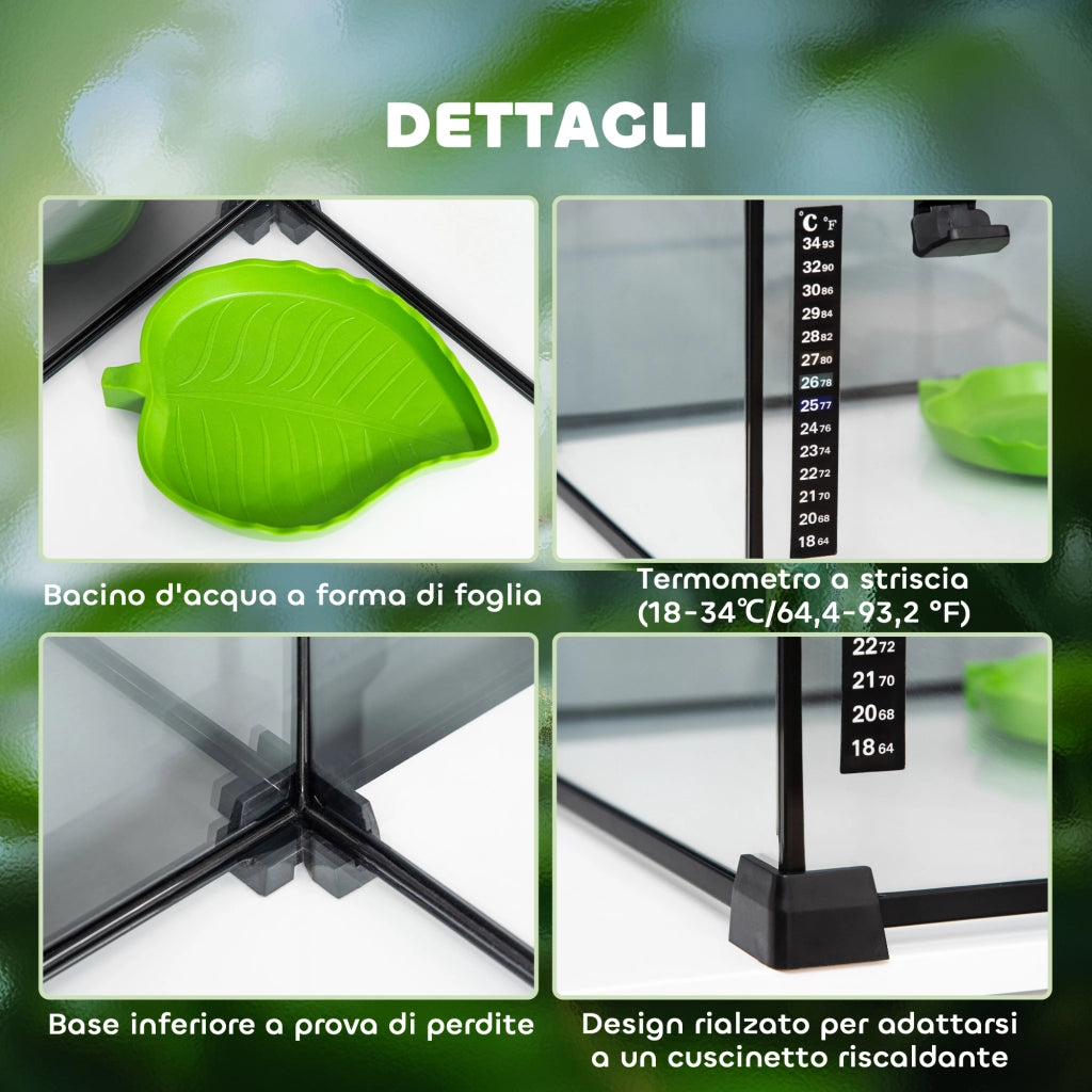 Terrario per Rettili Coperchio Scorrevole con Griglia Metallica e Termometro 50x30x35 cm in Vetro e Metallo Nero