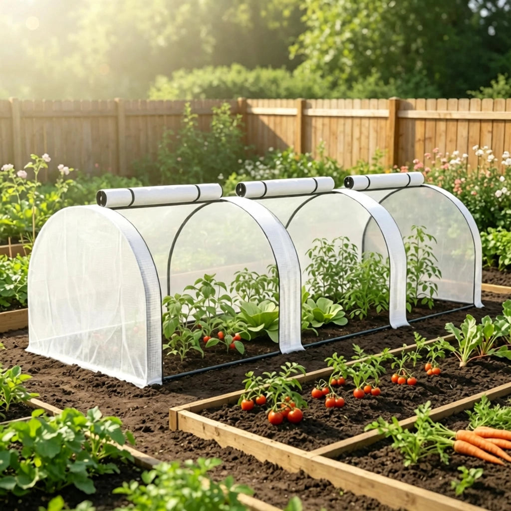 Serra a tunnel con 3 porte con cerniera protezione UV per ortaggi in acciaio e PE bianco 295 × 100 × 80 cm