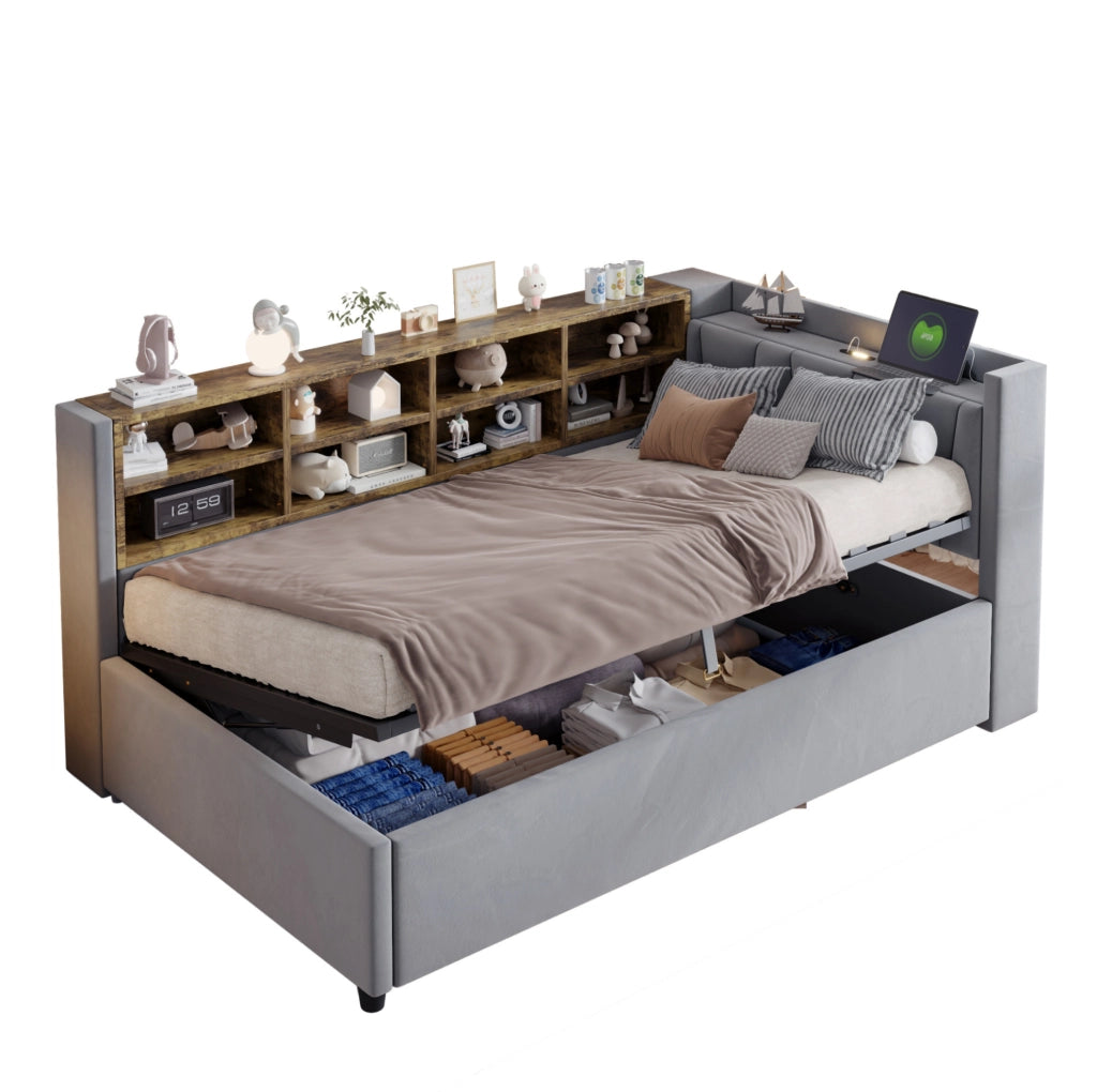 Letto imbottito 90x200 cm in velluto grigio con testiera; luce notturna; USB e Type-C