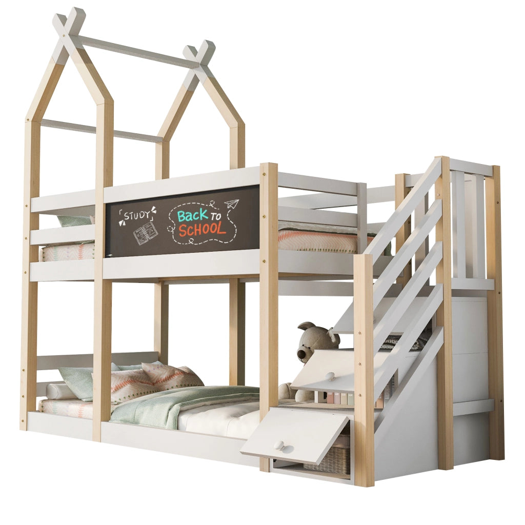 Letto a castello per bambini 90x200 cm con design baita, lavagna frontale e scale contenitore, bianco