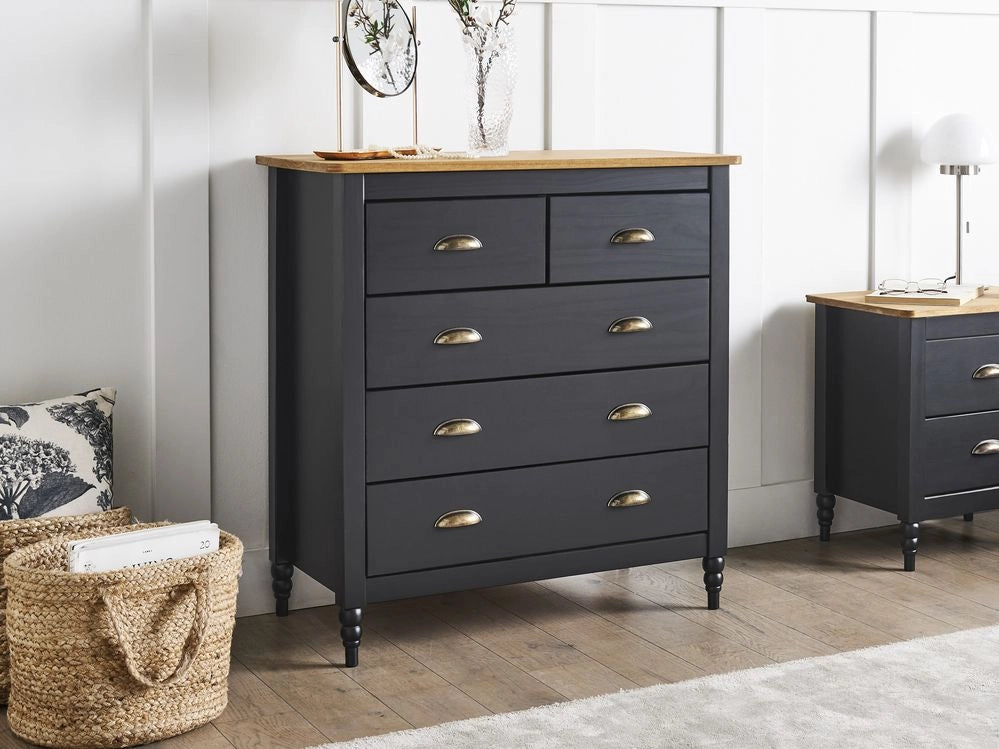 Credenza nera a 5 cassetti con ripiano in legno in stile scandinavo