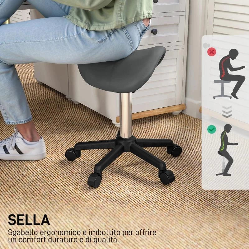 SGABELLO GIREVOLE A SELLA CON RUOTE E ALTEZZA REGOLABILE, IMBOTTITO E RIVESTITO IN FINTA PELLE, GRIGIO