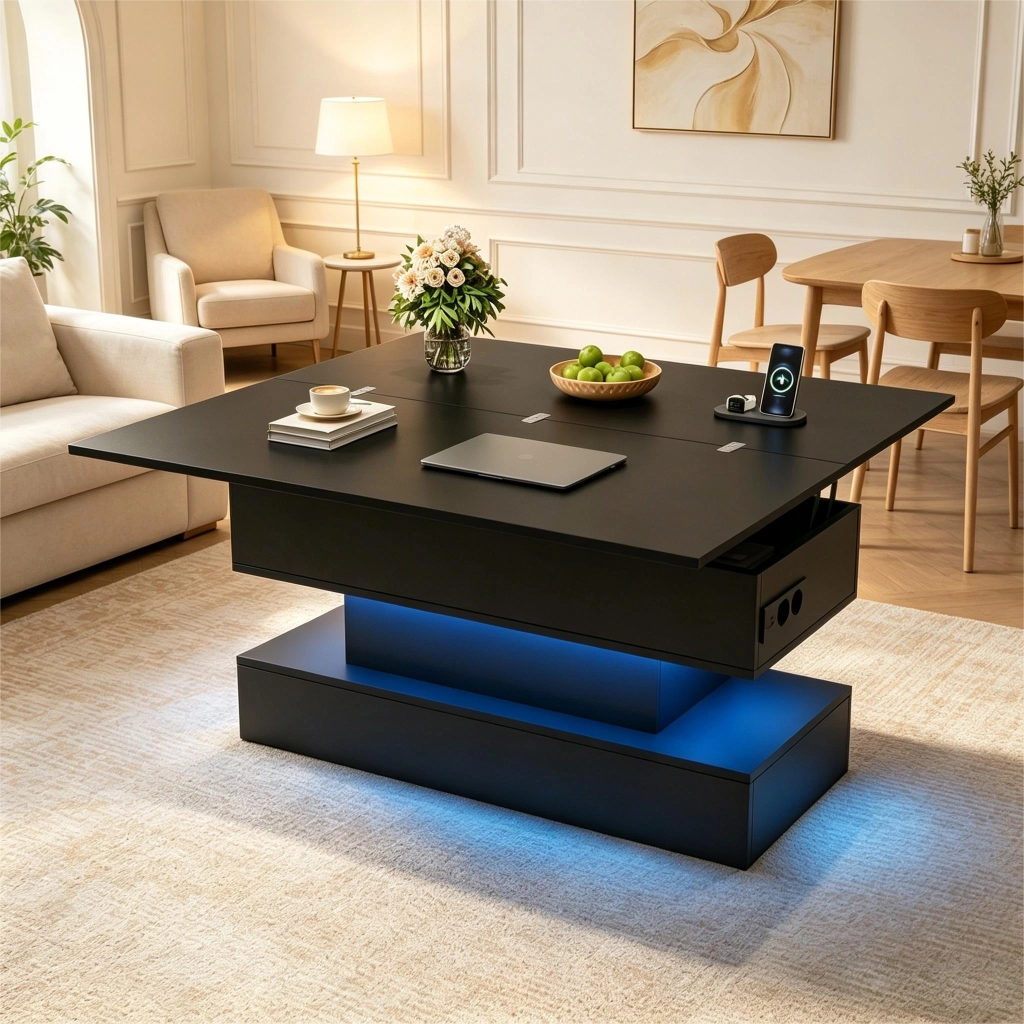 Tavolino basso sollevabile con LED e presa laterale, contenitore interno, nero opaco, 100 × 50 × 51,5 cm