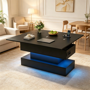 Tavolino basso sollevabile con LED e presa laterale, contenitore interno, nero opaco, 100 × 50 × 51,5 cm