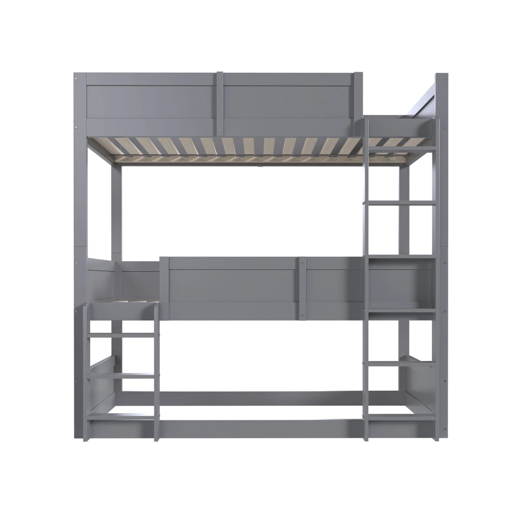 Letto a castello grigio in legno massello 90x200 cm con tre piani e parapetto alto