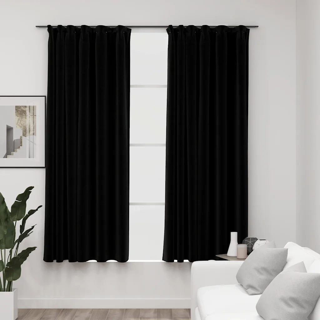 Tende Oscuranti | Tende Blackout con Ganci Effetto Lino 2 pz Nere 140x175 cm