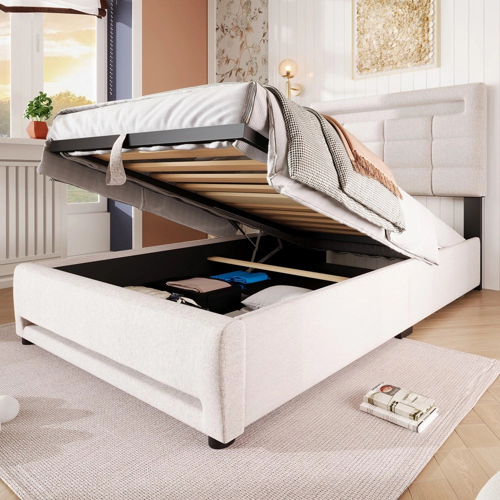 Letto Imbottito con LED e Contenitore Idraulico ¨C MINIMAL ¨C Lino Beige 90x200