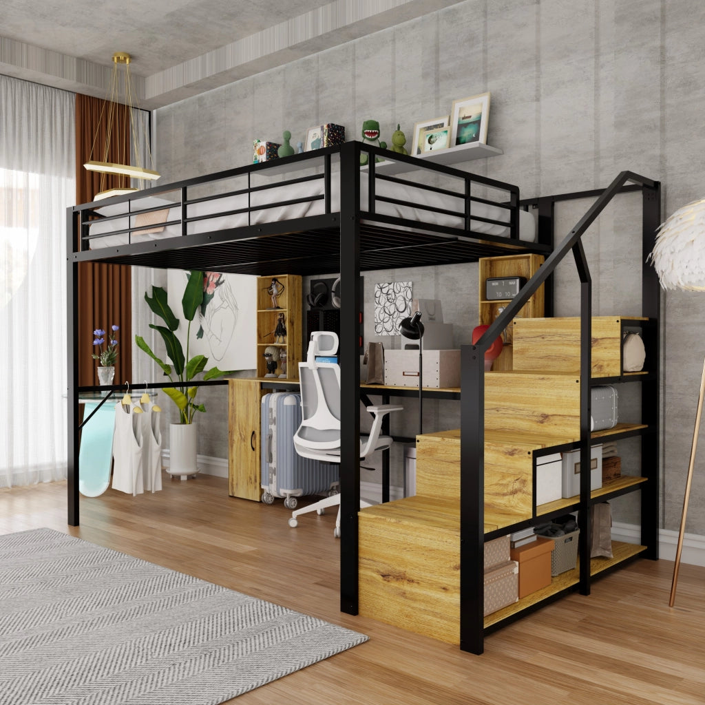 Letto a soppalco 140 × 200 cm con scrivania, armadio, ripiani e USB, senza materasso, in metallo e MDF, nero