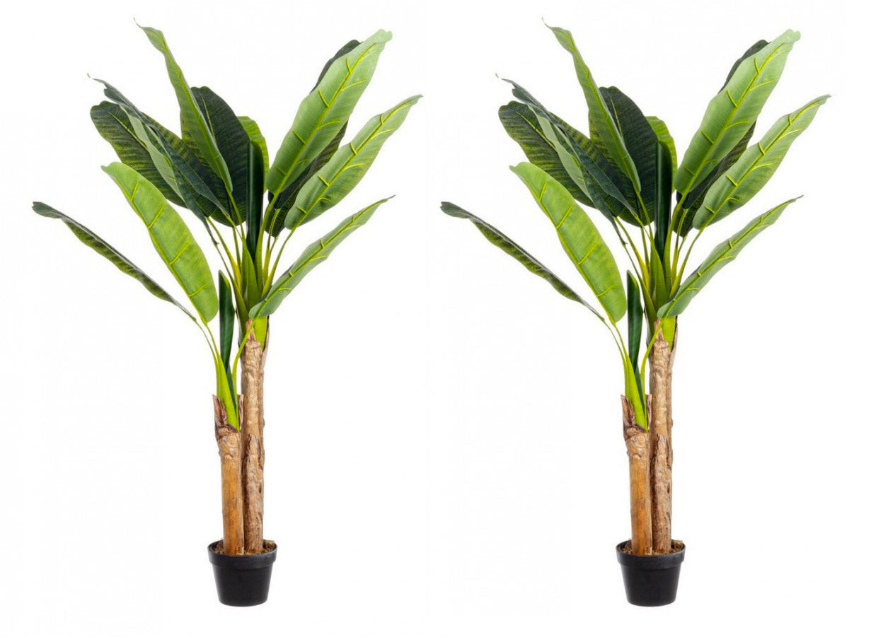 Set 2 Piante Artificiali di Banano 135 cm in Plastica con Vasi Verde