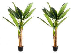 Set 2 Piante Artificiali di Banano 135 cm in Plastica con Vasi Verde