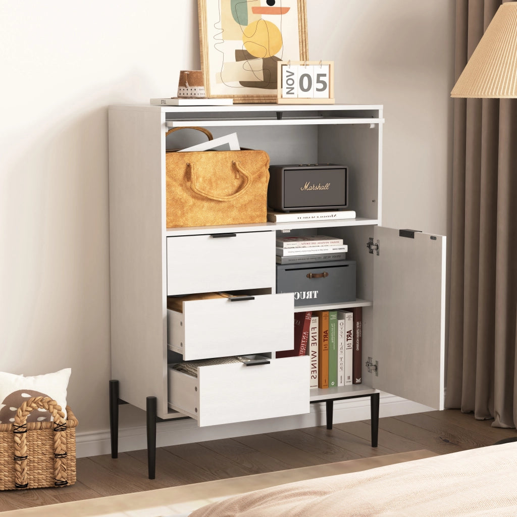 OKWISH Credenza con 3 Cassetti, 1 Anta e 1 Anta in Vetro, Ripiani Regolabili, per Cucina o Sala da Pranzo, Bianca
