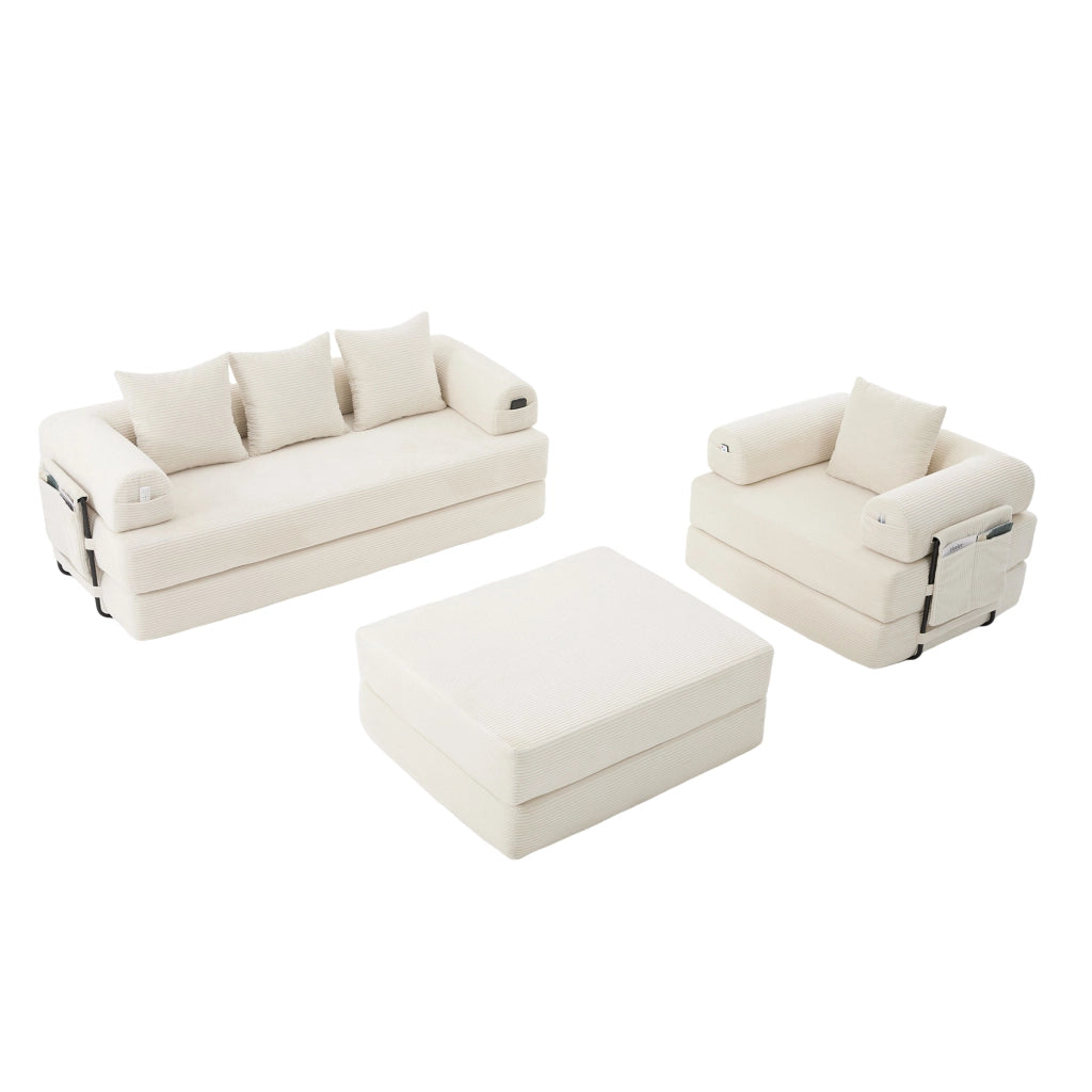 Divano modulare con pouf, tasca laterale e cuscini, struttura in metallo e tessuto a coste beige per soggiorno