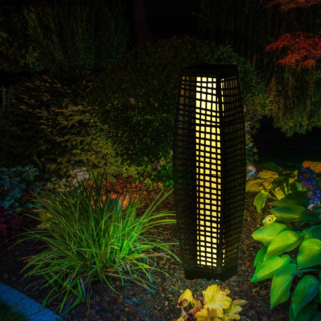 Lampada Solare da Giardino ¨C Zephmum ¨C Acciaio e Rattan, 21x21x78 cm, Nero e Grigio