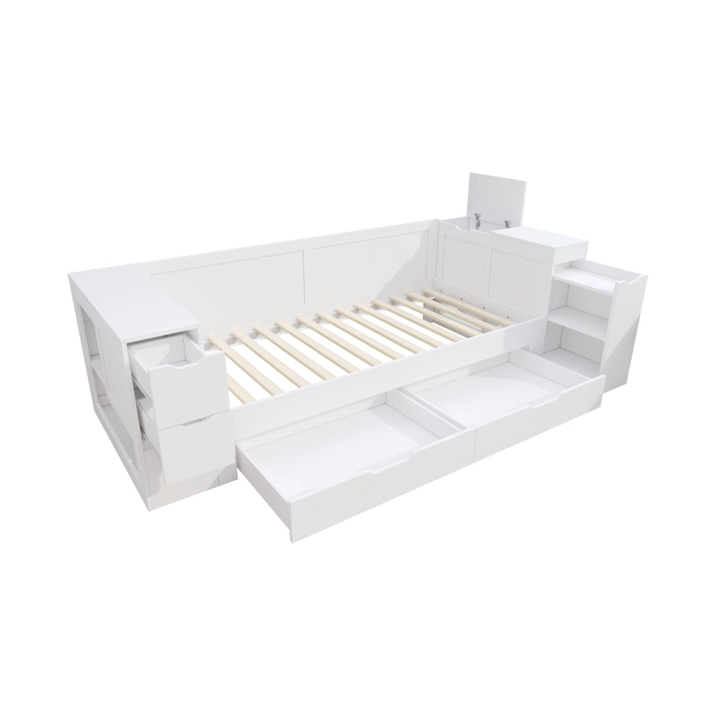 Letto a Divanetto 90x200 cm; Letto Singolo con Cassetti e Contenitore in MDF Bianco