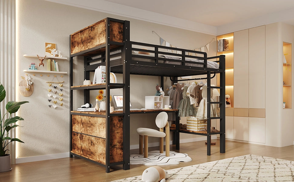 Letto a soppalco 90 × 200 cm con scrivania, guardaroba, ripiani e vani portaoggetti, senza materasso, nero