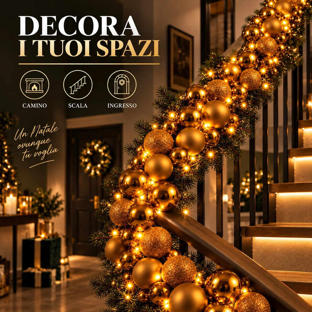 Ghirlanda Natalizia 180cm con Led Addobbo Oro Natale Lucido Opaco e Glitter