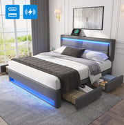 Letto imbottito matrimoniale 140x190 cm con USB; LED e 4 cassetti; grigio; in PU